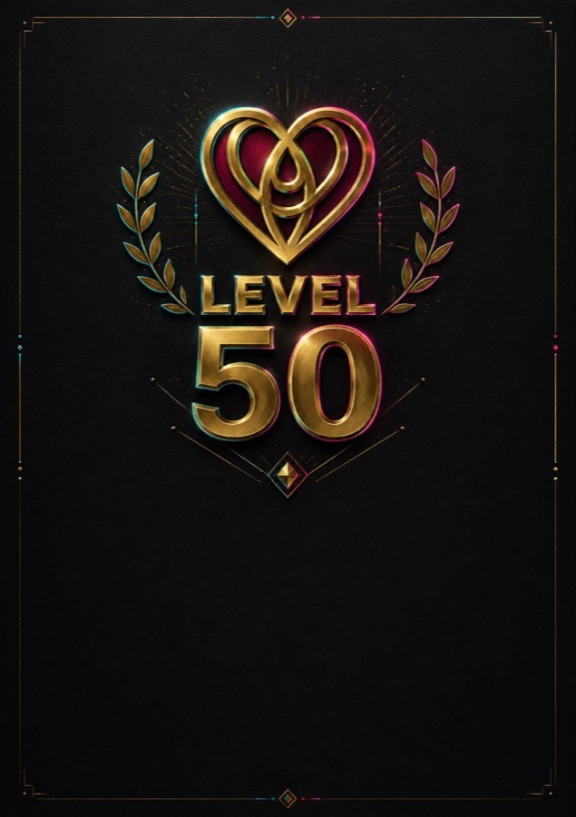 黒地に金のハートの紋章とLEVEL 50。その下に贈る相手のお名前が入る（イメージ）